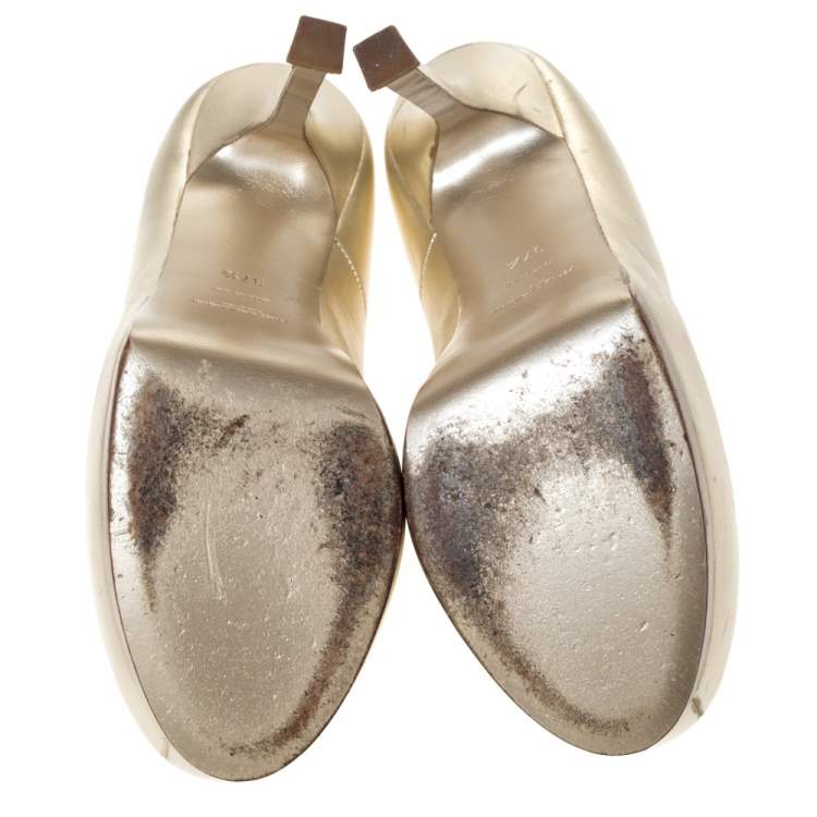 Pre Owned Saint Laurent Paris Pale Gold Leather Tribtoo Platform Pumps Size 37.5