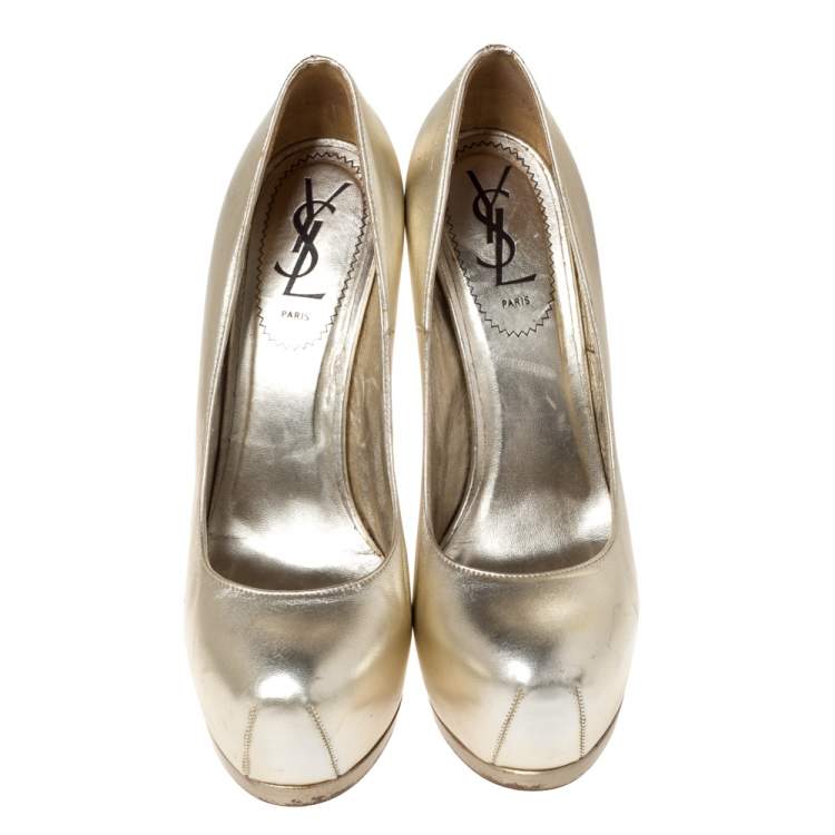 Pre Owned Saint Laurent Paris Pale Gold Leather Tribtoo Platform Pumps Size 37.5