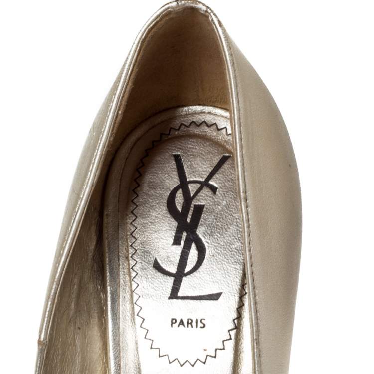 Pre Owned Saint Laurent Paris Pale Gold Leather Tribtoo Platform Pumps Size 37.5
