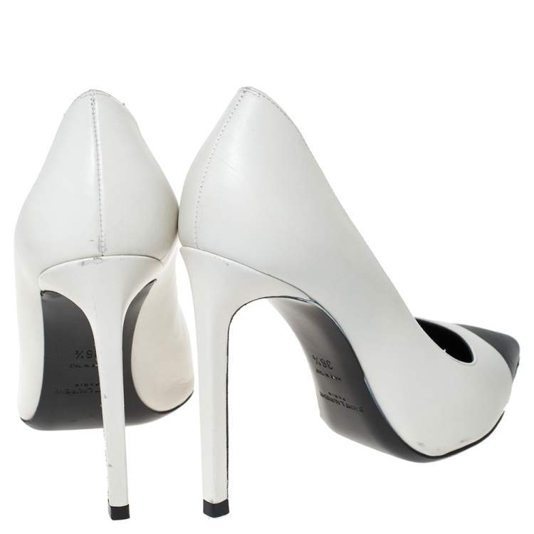 Pre Owned Saint Laurent Paris Two Tone Leather Cap Toe Pointed Pumps Size 36.5