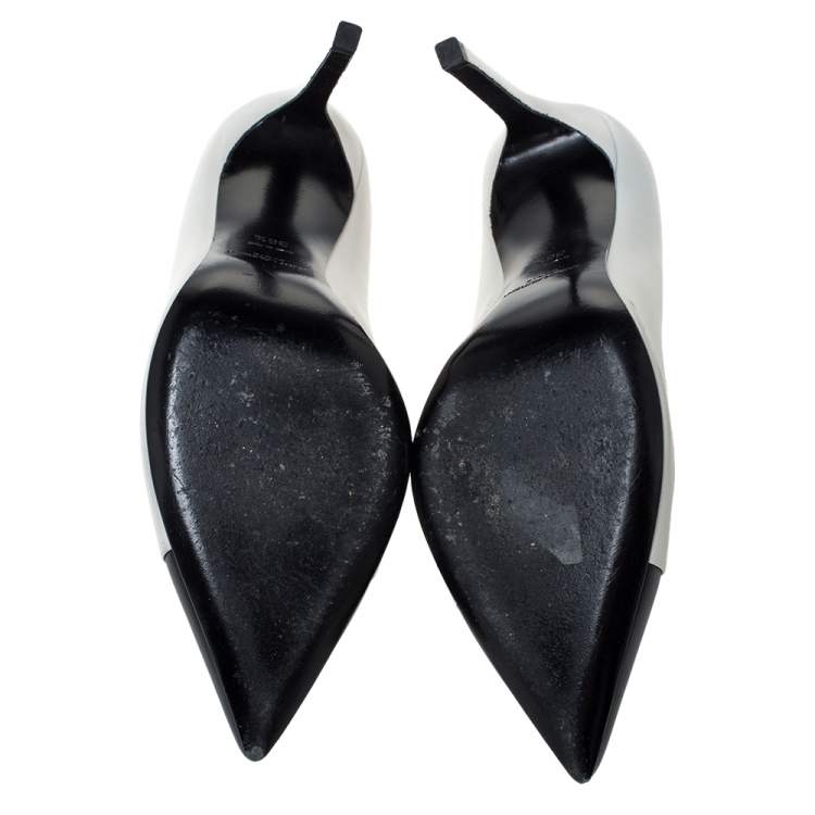 Pre Owned Saint Laurent Paris Two Tone Leather Cap Toe Pointed Pumps Size 36.5