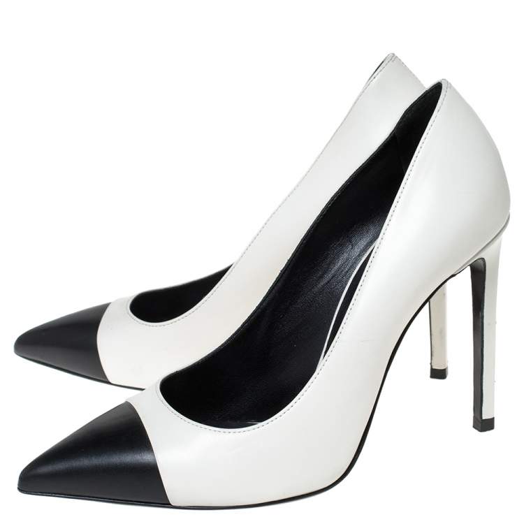 Pre Owned Saint Laurent Paris Two Tone Leather Cap Toe Pointed Pumps Size 36.5