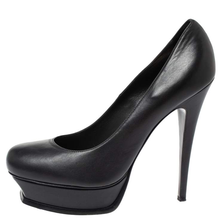 Pre Owned Saint Laurent Paris Medium Grey Leather Tribute Platform Pumps Size 41