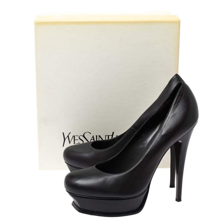 Pre Owned Saint Laurent Paris Medium Grey Leather Tribute Platform Pumps Size 41