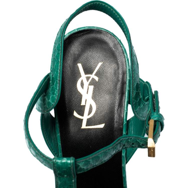 Pre Owned Saint Laurent Paris Green Python Tribute Platform Ankle Strap Sandals Size 39