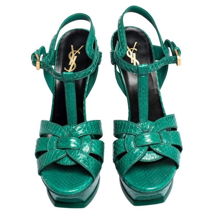 Pre Owned Saint Laurent Paris Green Python Tribute Platform Ankle Strap Sandals Size 39