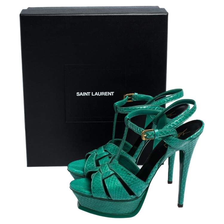 Pre Owned Saint Laurent Paris Green Python Tribute Platform Ankle Strap Sandals Size 39