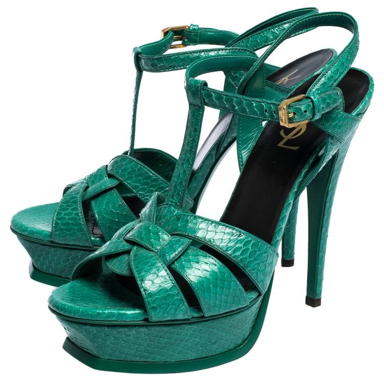 Pre Owned Saint Laurent Paris Green Python Tribute Platform Ankle Strap Sandals Size 39