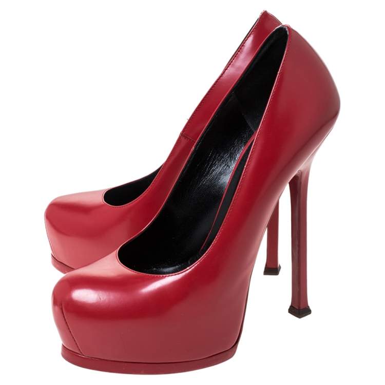 Pre Owned Saint Laurent Paris Red Leather Tribtoo Platform Pumps Size 38