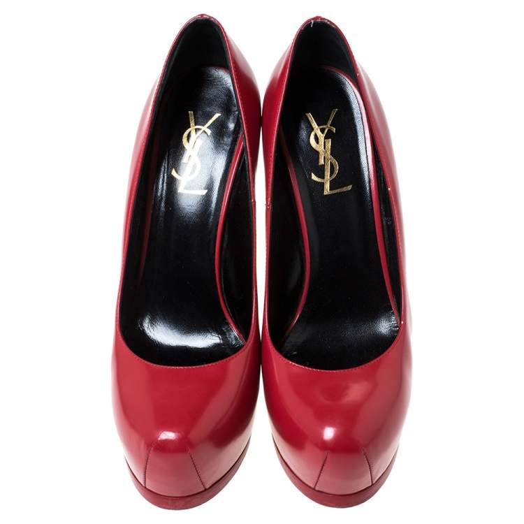 Pre Owned Saint Laurent Paris Red Leather Tribtoo Platform Pumps Size 38