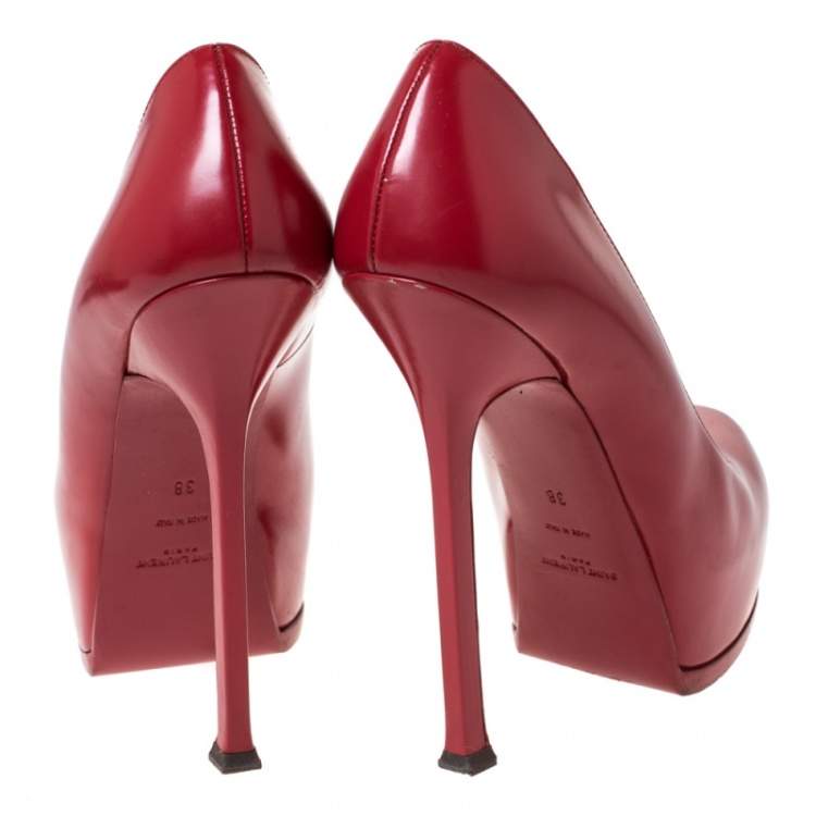 Pre Owned Saint Laurent Paris Red Leather Tribtoo Platform Pumps Size 38