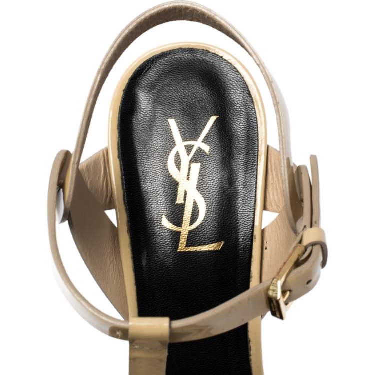 Pre Owned Saint Laurent Paris Beige Patent Leather Tribute Platform Sandals Size 39