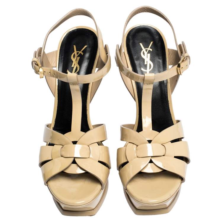 Pre Owned Saint Laurent Paris Beige Patent Leather Tribute Platform Sandals Size 39