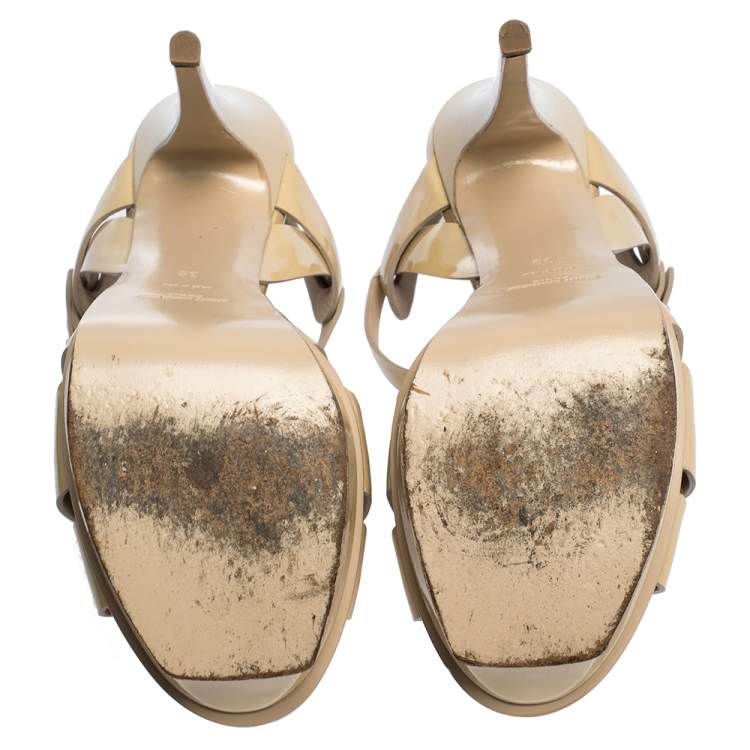 Pre Owned Saint Laurent Paris Beige Patent Leather Tribute Platform Sandals Size 39