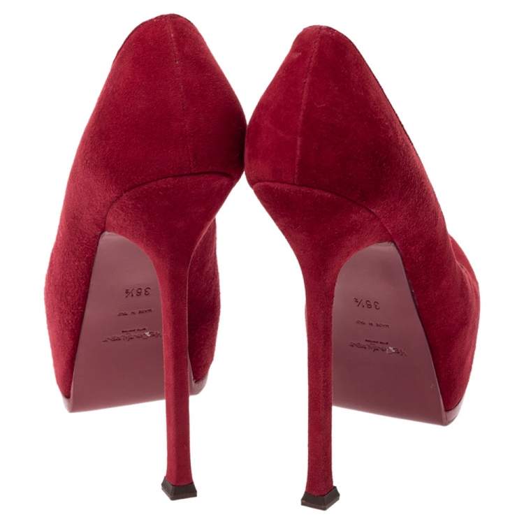 Pre Owned Saint Laurent Paris Red Suede Tribtoo Platform Pumps Size 36.5