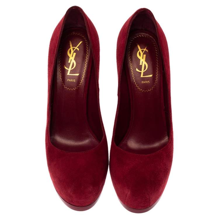 Pre Owned Saint Laurent Paris Red Suede Tribtoo Platform Pumps Size 36.5