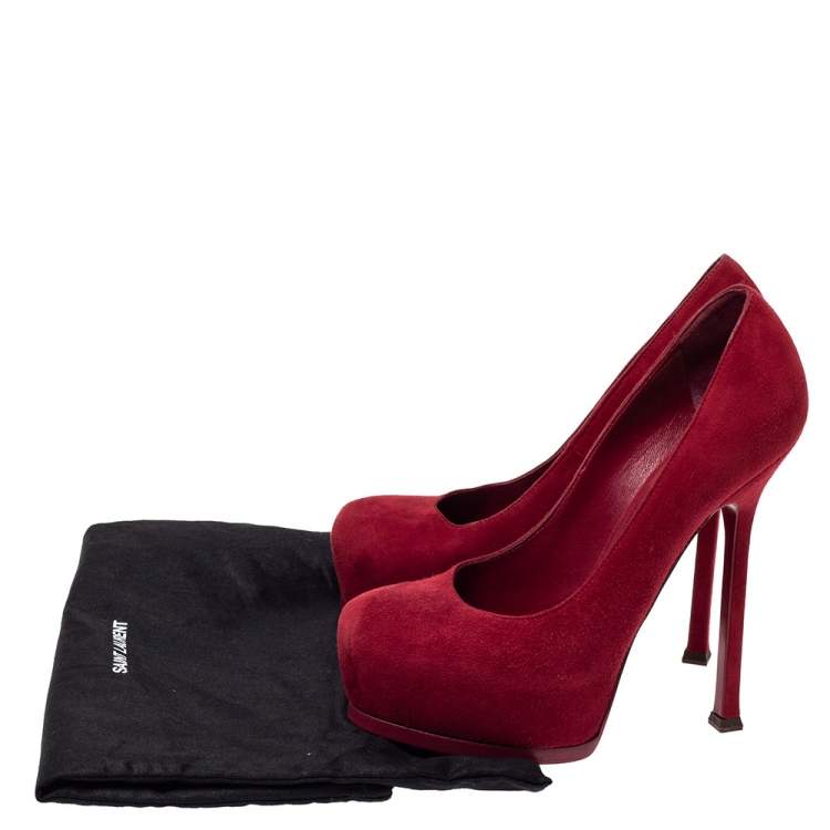 Pre Owned Saint Laurent Paris Red Suede Tribtoo Platform Pumps Size 36.5