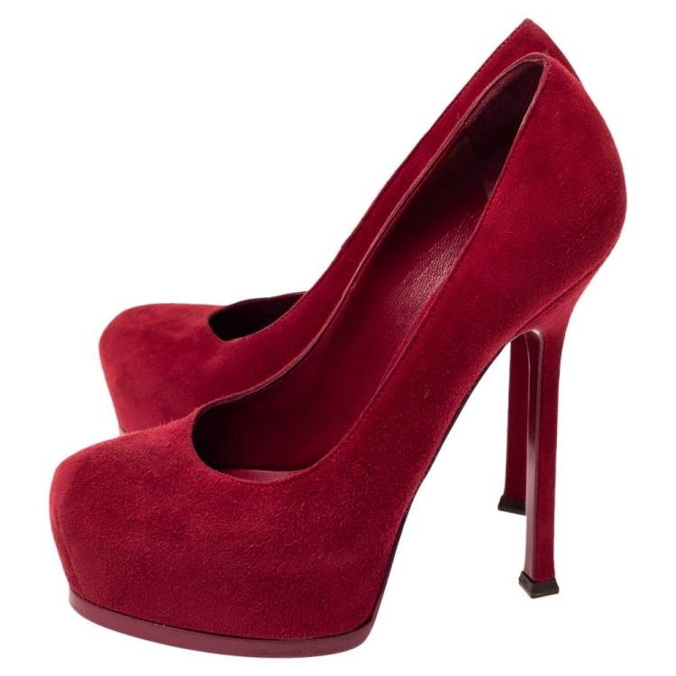 Pre Owned Saint Laurent Paris Red Suede Tribtoo Platform Pumps Size 36.5