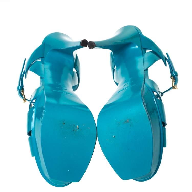 Pre Owned Saint Laurent Paris Turquoise Patent Leather Tribute Platform Sandals Size 39.5