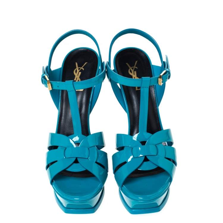 Pre Owned Saint Laurent Paris Turquoise Patent Leather Tribute Platform Sandals Size 39.5