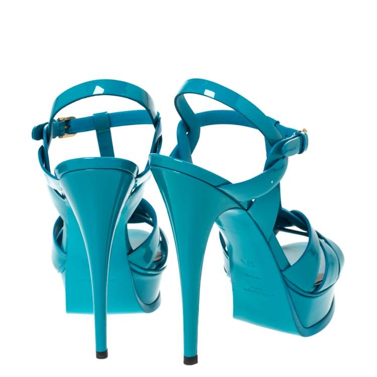 Pre Owned Saint Laurent Paris Turquoise Patent Leather Tribute Platform Sandals Size 39.5