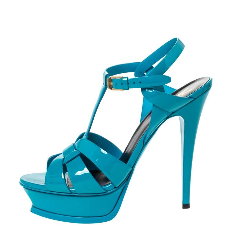 Pre Owned Saint Laurent Paris Turquoise Patent Leather Tribute Platform Sandals Size 39.5