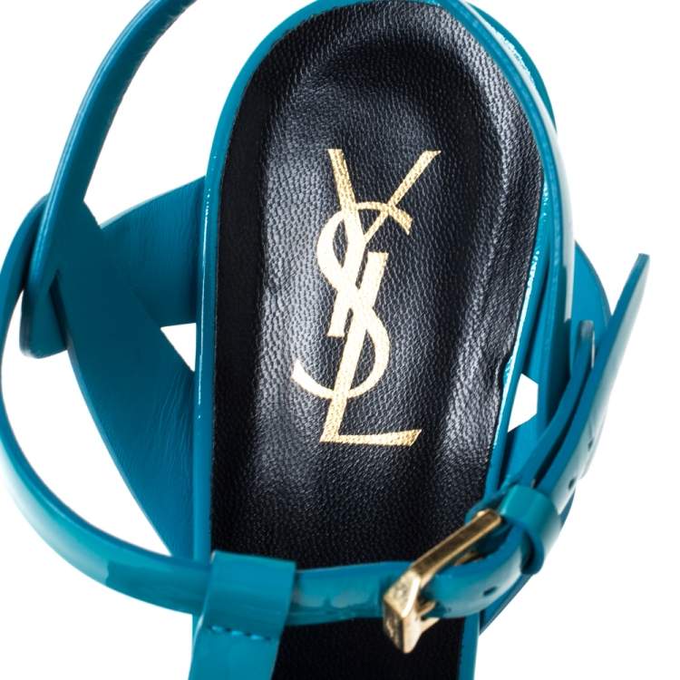 Pre Owned Saint Laurent Paris Turquoise Patent Leather Tribute Platform Sandals Size 39.5
