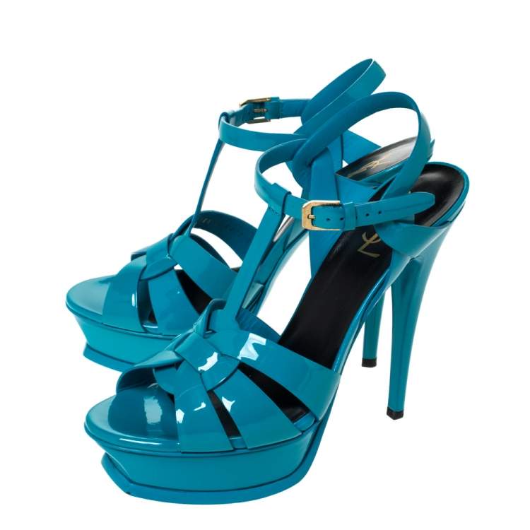 Pre Owned Saint Laurent Paris Turquoise Patent Leather Tribute Platform Sandals Size 39.5