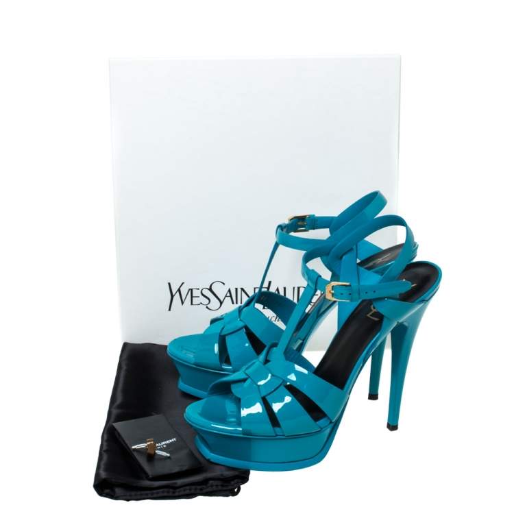 Pre Owned Saint Laurent Paris Turquoise Patent Leather Tribute Platform Sandals Size 39.5