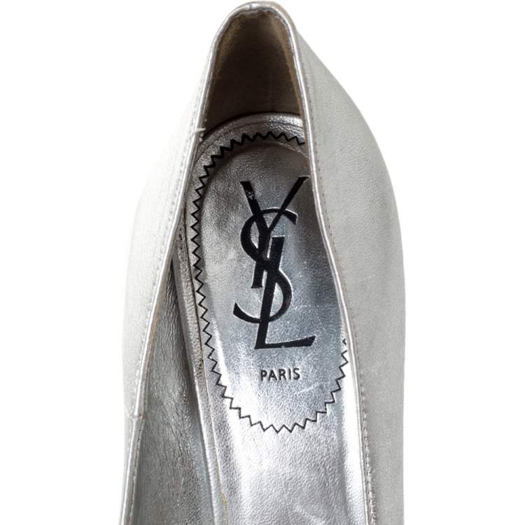 Pre Owned Saint Laurent Paris Metallic Silver Leather Tribtoo Platform Pumps Size 38.5