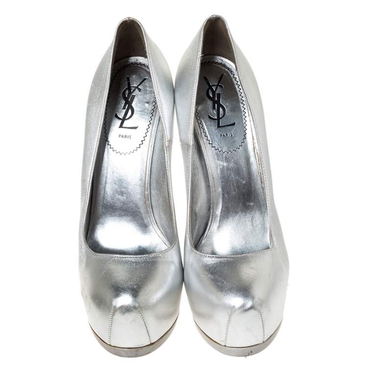Pre Owned Saint Laurent Paris Metallic Silver Leather Tribtoo Platform Pumps Size 38.5