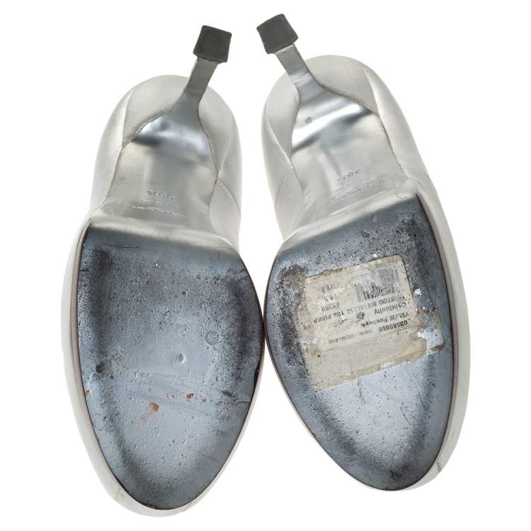 Pre Owned Saint Laurent Paris Metallic Silver Leather Tribtoo Platform Pumps Size 38.5