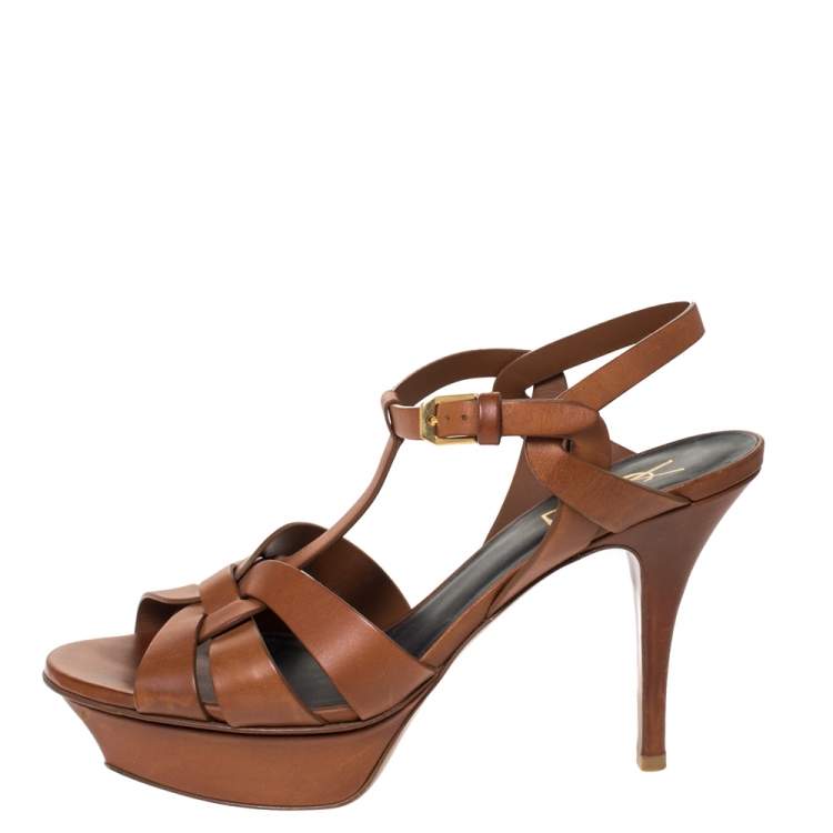 Pre Owned Saint Laurent Paris Brown Leather Tribute Platform Ankle Strap Sandals Size 38.5