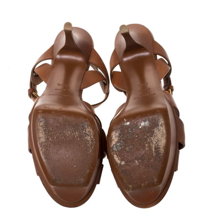 Pre Owned Saint Laurent Paris Brown Leather Tribute Platform Ankle Strap Sandals Size 38.5
