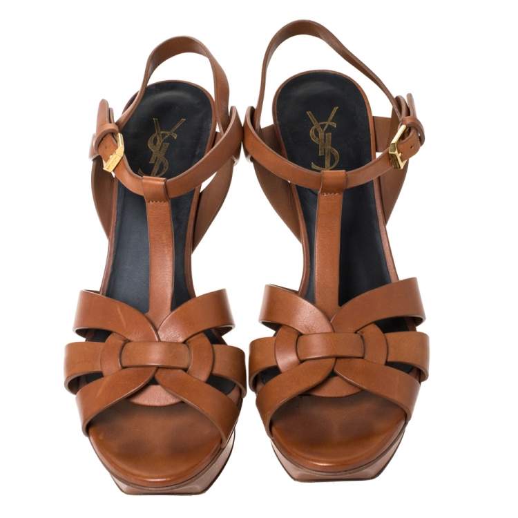 Pre Owned Saint Laurent Paris Brown Leather Tribute Platform Ankle Strap Sandals Size 38.5