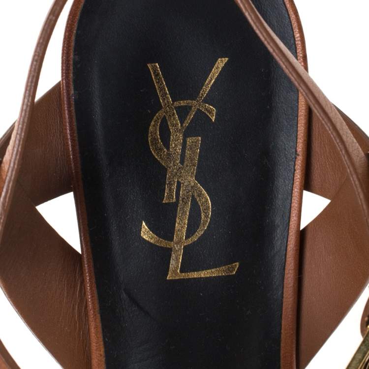 Pre Owned Saint Laurent Paris Brown Leather Tribute Platform Ankle Strap Sandals Size 38.5