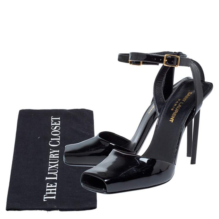 Pre Owned Saint Laurent Paris Black Patent Leather Edie Ankle Strap Sandals Size 37.5