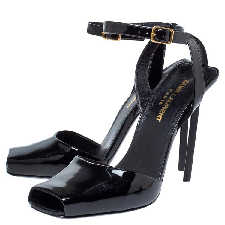 Pre Owned Saint Laurent Paris Black Patent Leather Edie Ankle Strap Sandals Size 37.5