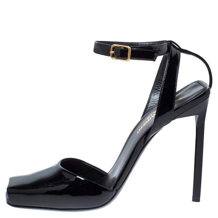 Pre Owned Saint Laurent Paris Black Patent Leather Edie Ankle Strap Sandals Size 37.5