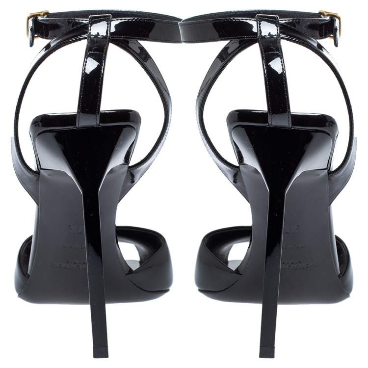 Pre Owned Saint Laurent Paris Black Patent Leather Edie Ankle Strap Sandals Size 37.5