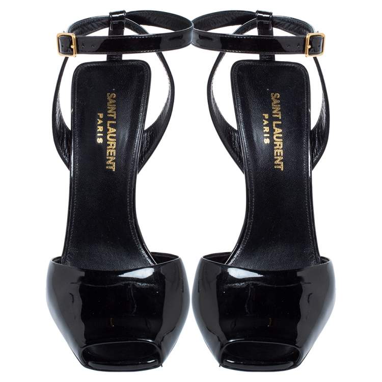 Pre Owned Saint Laurent Paris Black Patent Leather Edie Ankle Strap Sandals Size 37.5