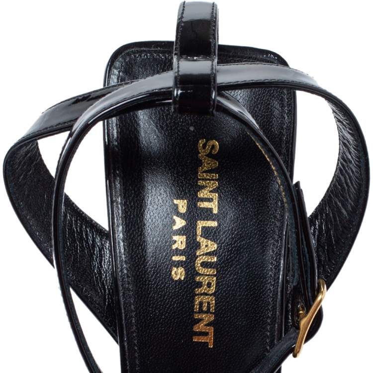 Pre Owned Saint Laurent Paris Black Patent Leather Edie Ankle Strap Sandals Size 37.5
