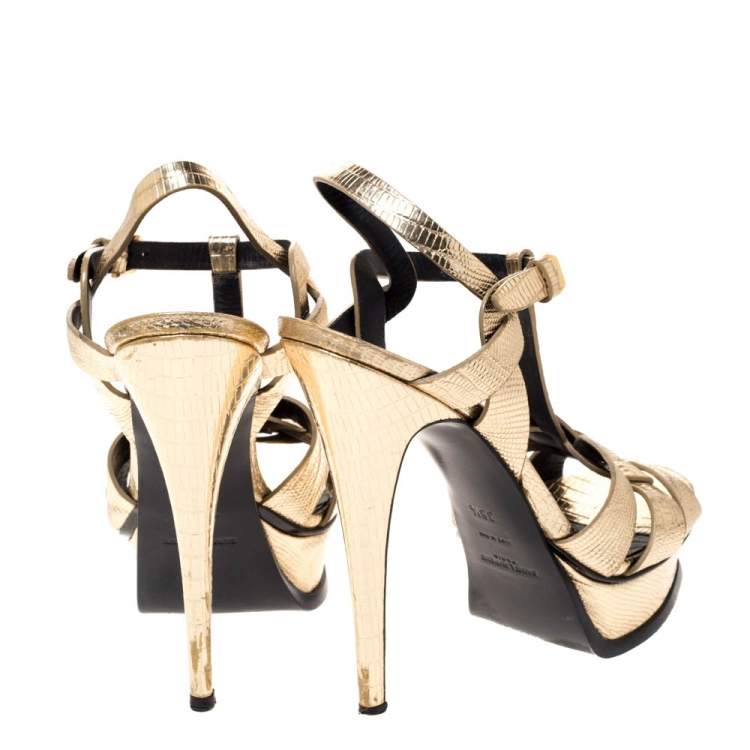 Pre Owned Saint Laurent Paris Metallic Gold Lizard Embossed Leather Tribute Sandals Size 38.5