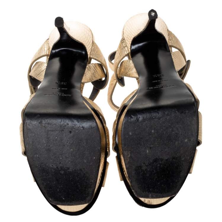 Pre Owned Saint Laurent Paris Metallic Gold Lizard Embossed Leather Tribute Sandals Size 38.5