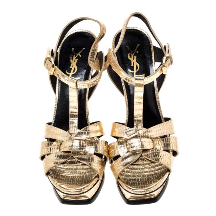 Pre Owned Saint Laurent Paris Metallic Gold Lizard Embossed Leather Tribute Sandals Size 38.5