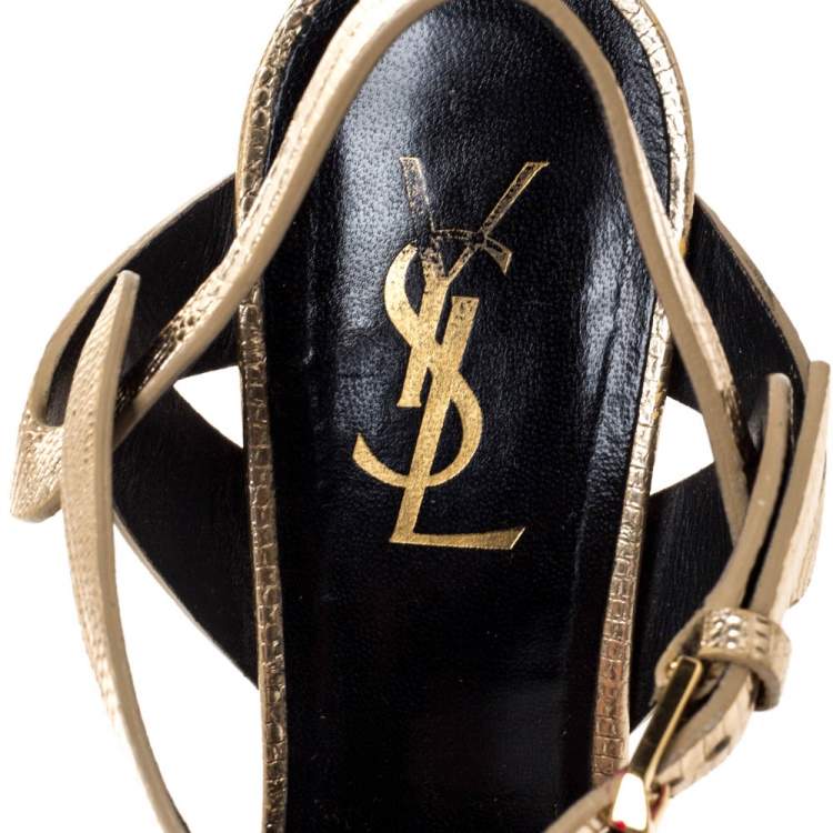 Pre Owned Saint Laurent Paris Metallic Gold Lizard Embossed Leather Tribute Sandals Size 38.5