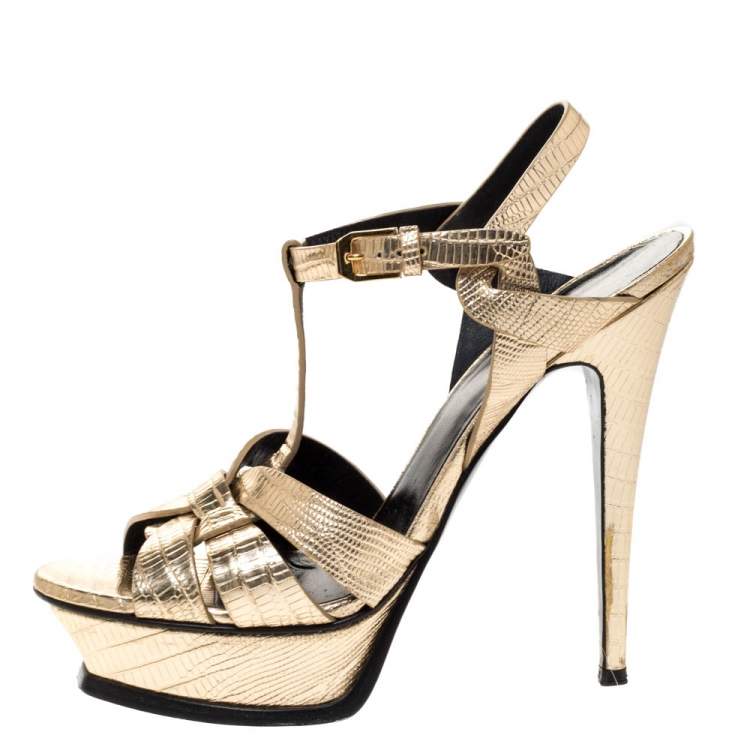 Pre Owned Saint Laurent Paris Metallic Gold Lizard Embossed Leather Tribute Sandals Size 38.5