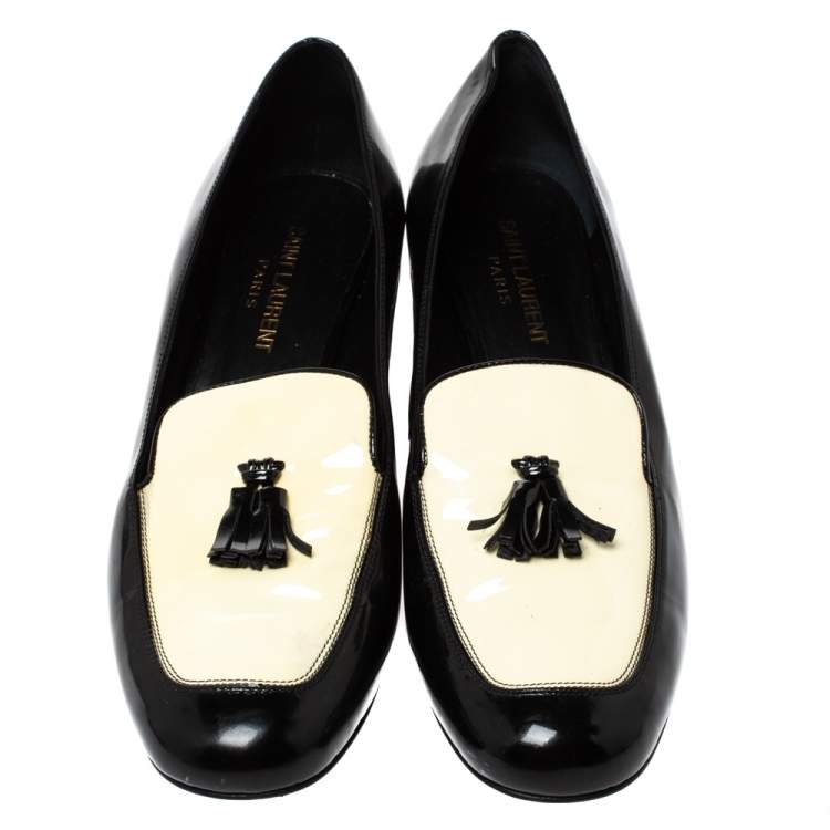 Pre Owned Saint Laurent Black/White Patent Leather Babies Tassel Loafers Size 38