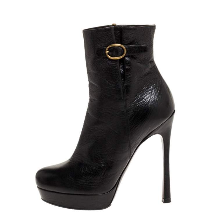 Pre Owned Saint Laurent Paris Black Leather Platform Ankle Boots Size 39