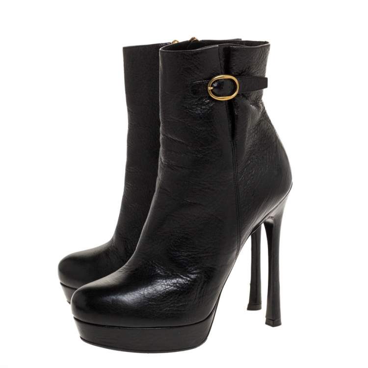Pre Owned Saint Laurent Paris Black Leather Platform Ankle Boots Size 39